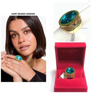 NWT KURT GEIGER LONDON Oval-Cut Gold Tone Turquoise CZ Crystal X-Large Ring